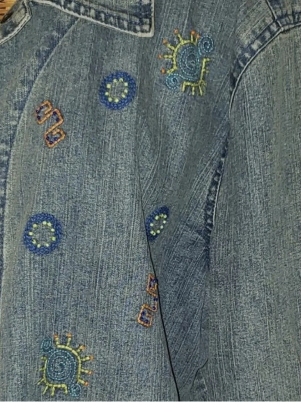 90s Hearts Of Palm Embroidered Beaded Blue Brushed Denim Jean Jacket Women's 18 - Picture 5 of 12